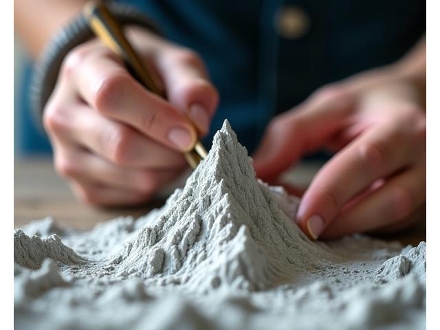 Hands delicately crafting a miniature mountain with geological tools.