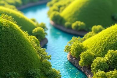 Miniature lush valley with tiny trees and streams