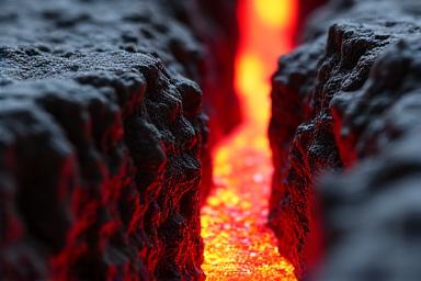 Miniature volcanic canyon with flowing lava simulation