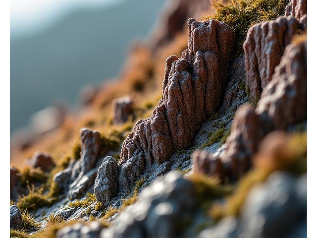 Close-up of realistic rock textures expertly crafted on a miniature mountain