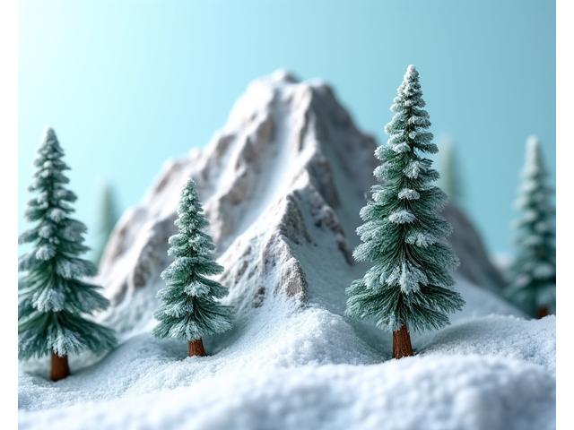 A finely detailed miniature mountain peak with snow and trees