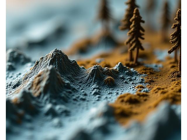 A close-up of a miniature mountain with intricate paintwork showing shadows and highlights
