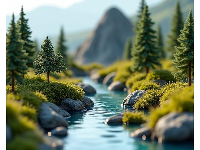 A miniature landscape with small trees, shrubs, and water features around a mountain base