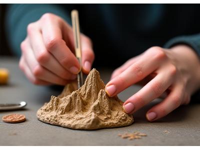 Artist's hands meticulously sculpting a miniature mountain landscape