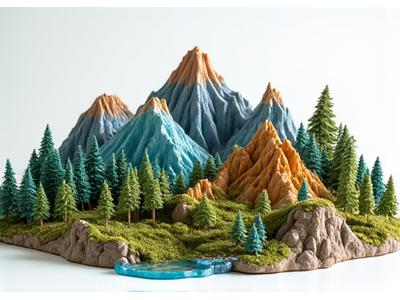 Variety of miniature mountain models displayed by different artists