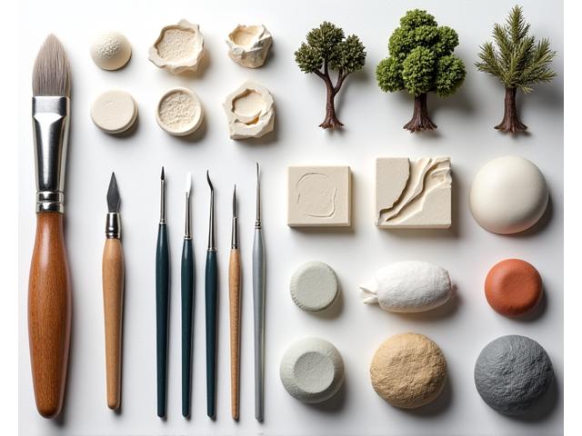 Assortment of specialized miniature sculpting tools and materials