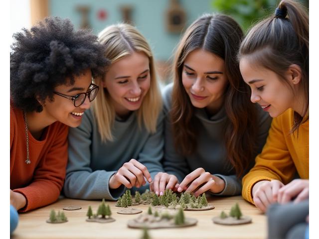 Diverse group of hobbyists gathered around miniature art, collaborating