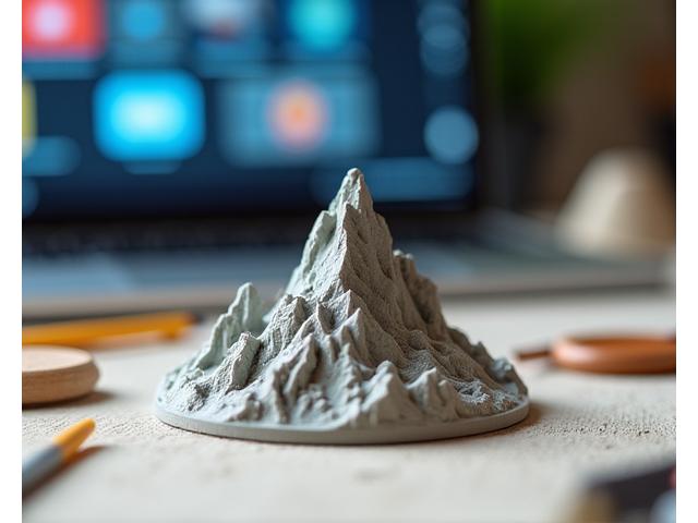 Work-in-progress miniature mountain with tools
